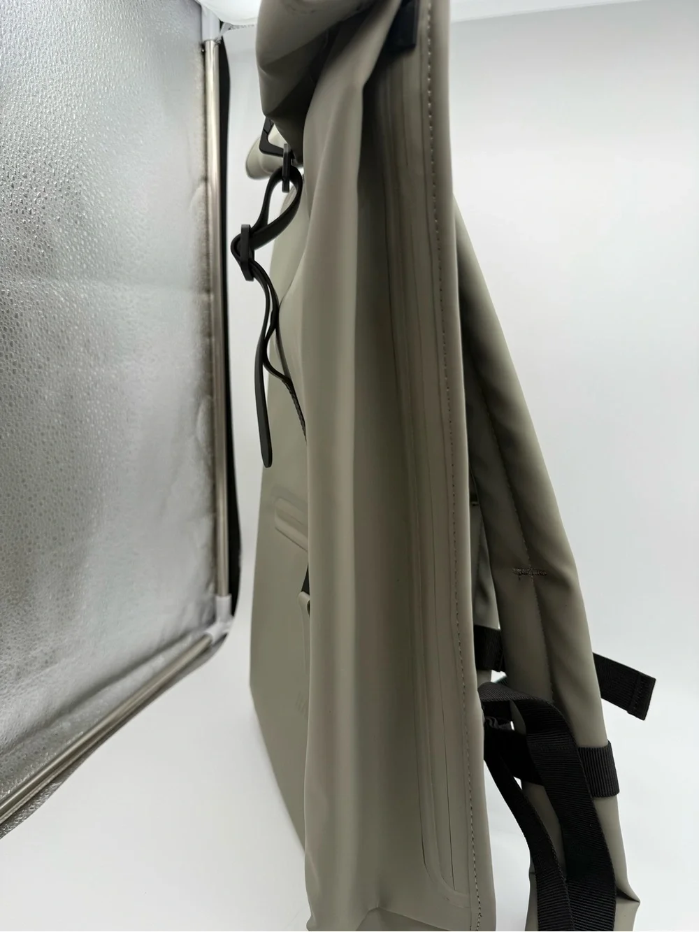 Rains Rolltop Rucksack W3 Backpack in Light Gray with Black Strap